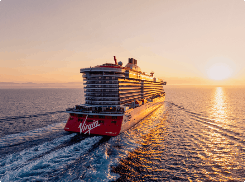 Virgin Voyages Scarlet Lady sailing away for another swinger cruise.