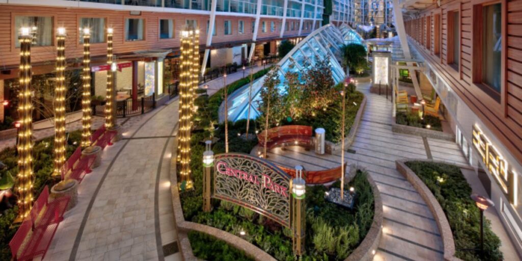 Central Park neighborhood on Wonder of the Seas with restaurants and greenery